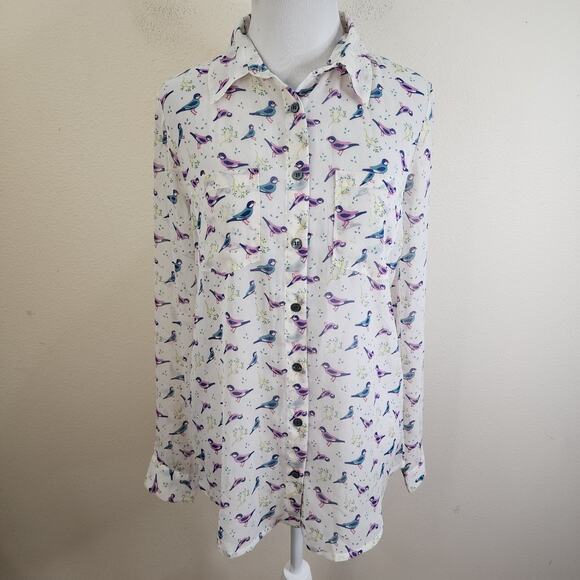 GH Bass Women's White Purple Bird Print Semi Sheer Blouse Long Sleeve Sz Small - Picture 2 of 6